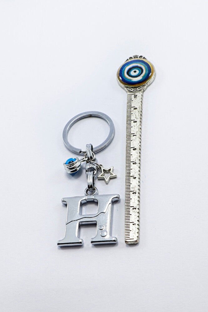 Gümüş Renkli Yıldızlı Nazar Boncuklu Metal H Harfi Anahtarlık / Harfli Çanta Süsü