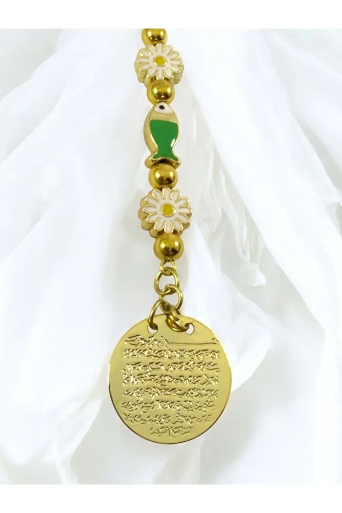 Beyaz Papatya Balıklı Metal Ayetel Kürsi Altın Renkli Araba Dikiz Ayna Süsü