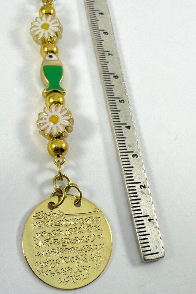 Beyaz Papatya Balıklı Metal Ayetel Kürsi Altın Renkli Araba Dikiz Ayna Süsü