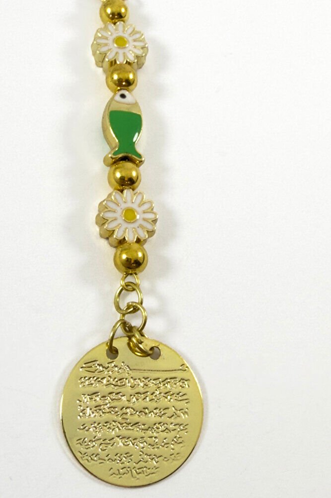 Beyaz Papatya Balıklı Metal Ayetel Kürsi Altın Renkli Araba Dikiz Ayna Süsü