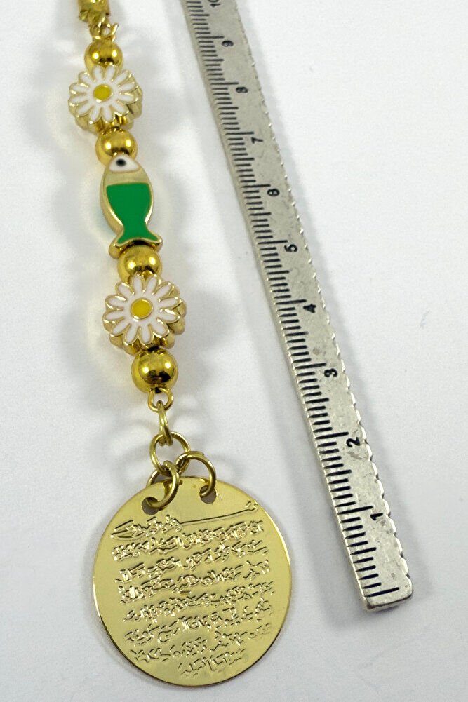 Beyaz Papatya Balıklı Metal Ayetel Kürsi Altın Renkli Araba Dikiz Ayna Süsü