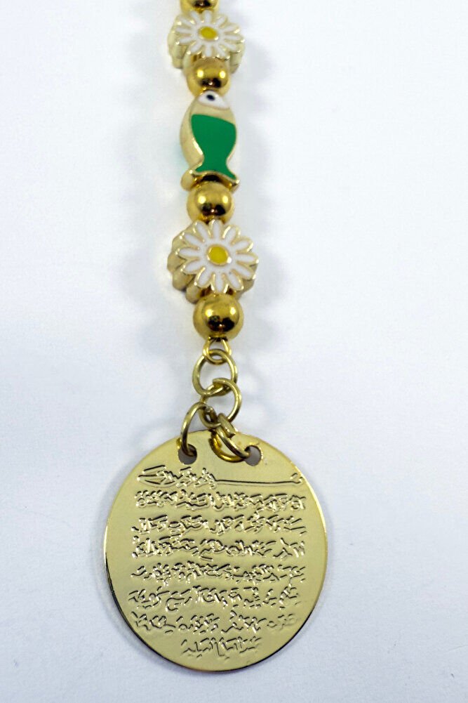 Beyaz Papatya Balıklı Metal Ayetel Kürsi Altın Renkli Araba Dikiz Ayna Süsü