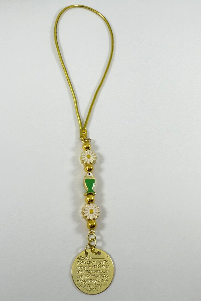 Beyaz Papatya Balıklı Metal Ayetel Kürsi Altın Renkli Araba Dikiz Ayna Süsü