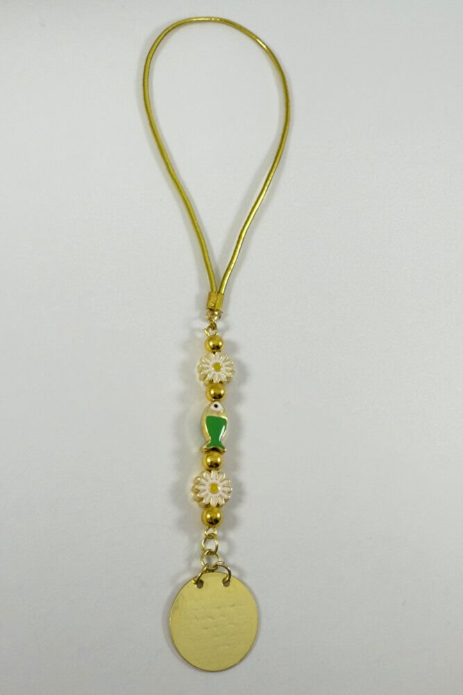 Beyaz Papatya Balıklı Metal Ayetel Kürsi Altın Renkli Araba Dikiz Ayna Süsü