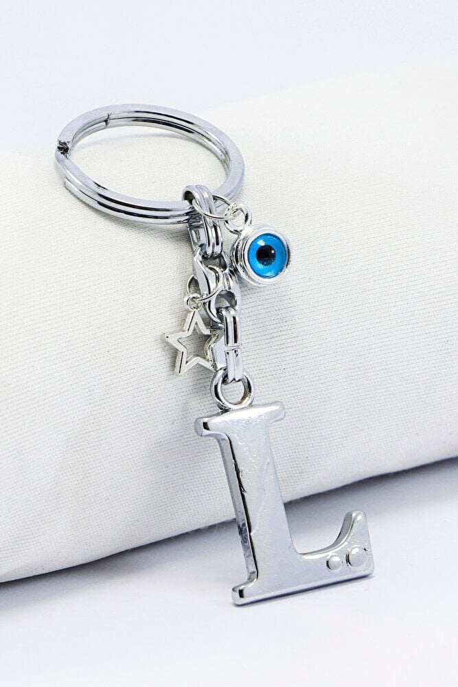 Gümüş Renkli Yıldızlı Nazar Boncuklu Metal L Harfi Anahtarlık / Harfli Çanta Süsü