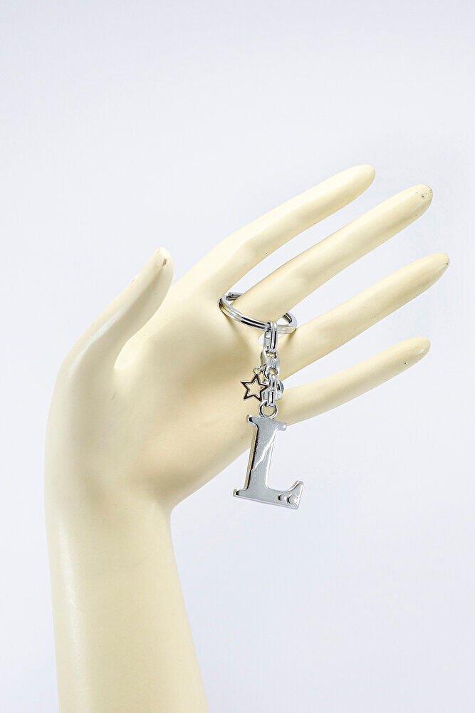 Gümüş Renkli Yıldızlı Nazar Boncuklu Metal L Harfi Anahtarlık / Harfli Çanta Süsü