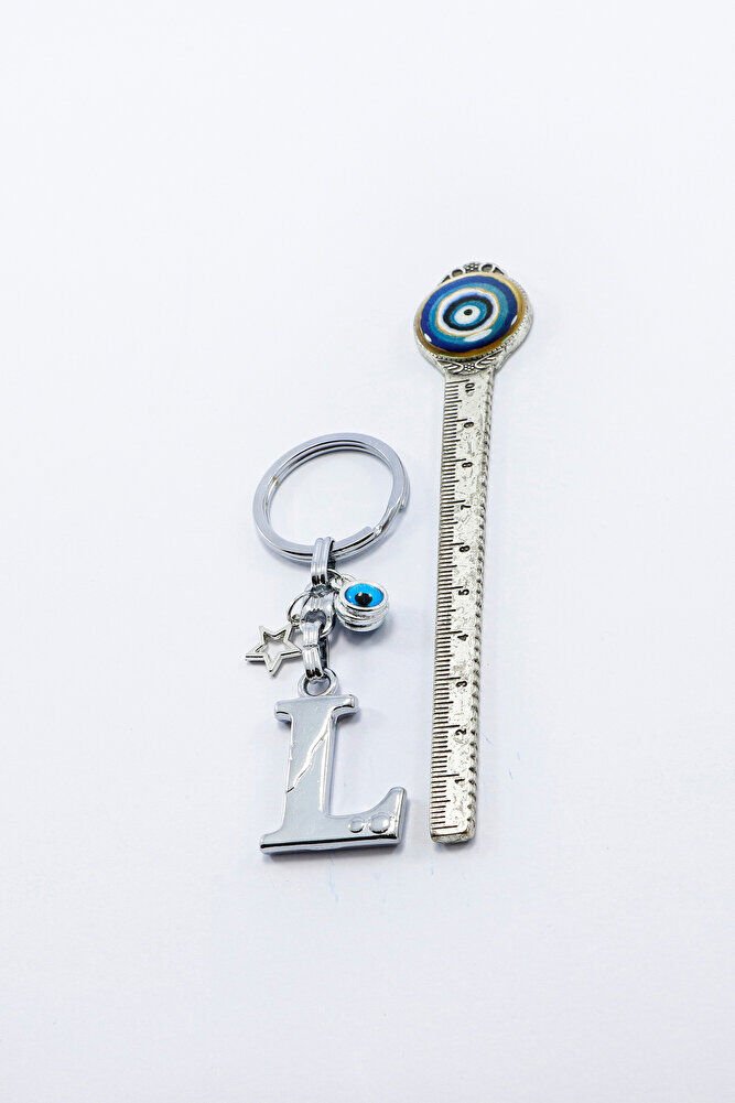Gümüş Renkli Yıldızlı Nazar Boncuklu Metal L Harfi Anahtarlık / Harfli Çanta Süsü