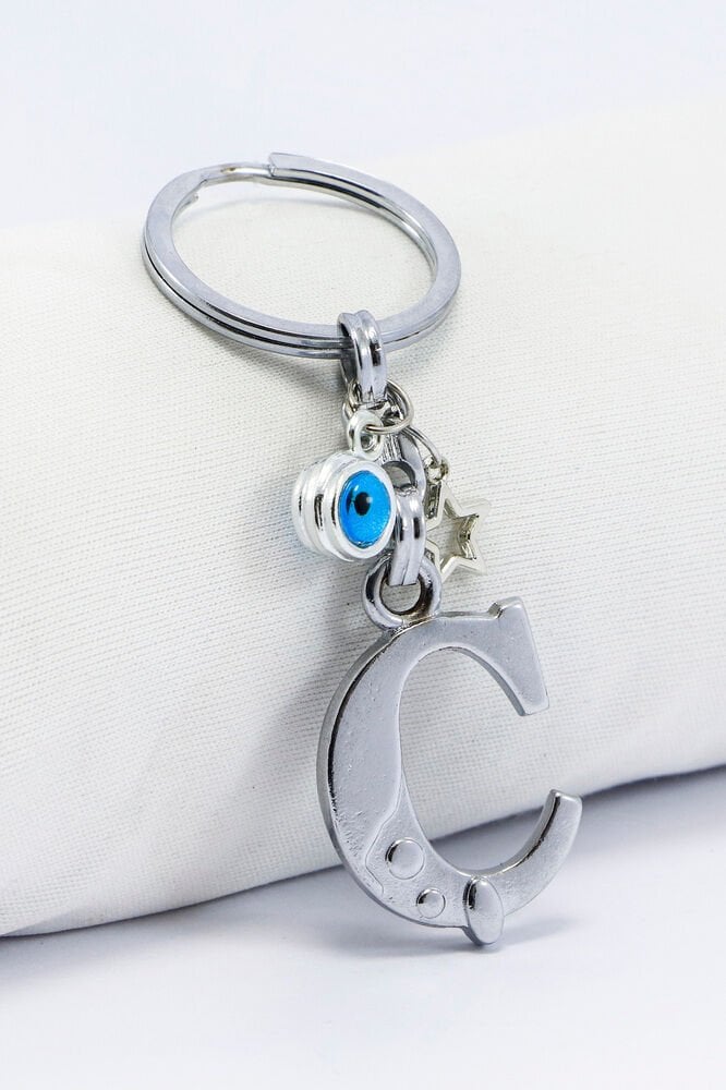 Gümüş Renkli Yıldızlı Nazar Boncuklu Metal Ç Harfi Anahtarlık / Harfli Çanta Süsü
