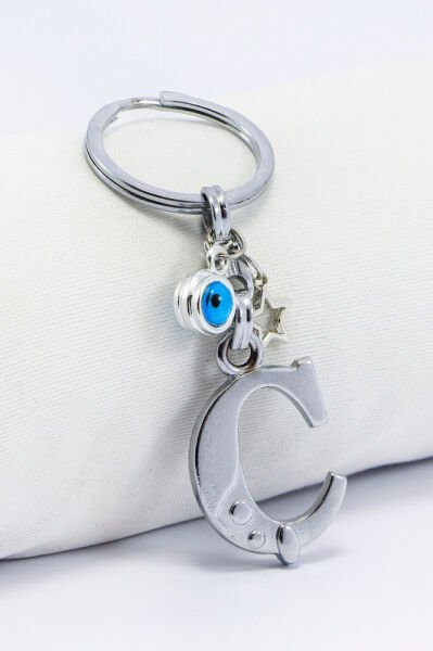 Gümüş Renkli Yıldızlı Nazar Boncuklu Metal Ç Harfi Anahtarlık / Harfli Çanta Süsü