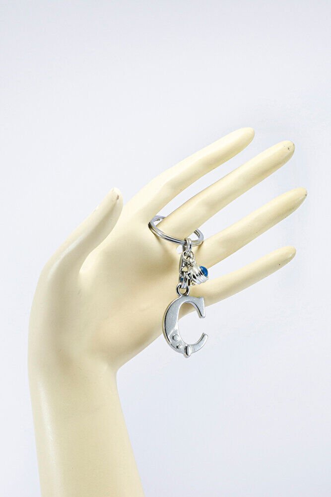 Gümüş Renkli Yıldızlı Nazar Boncuklu Metal Ç Harfi Anahtarlık / Harfli Çanta Süsü