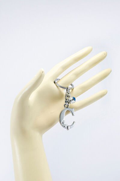 Gümüş Renkli Yıldızlı Nazar Boncuklu Metal Ç Harfi Anahtarlık / Harfli Çanta Süsü