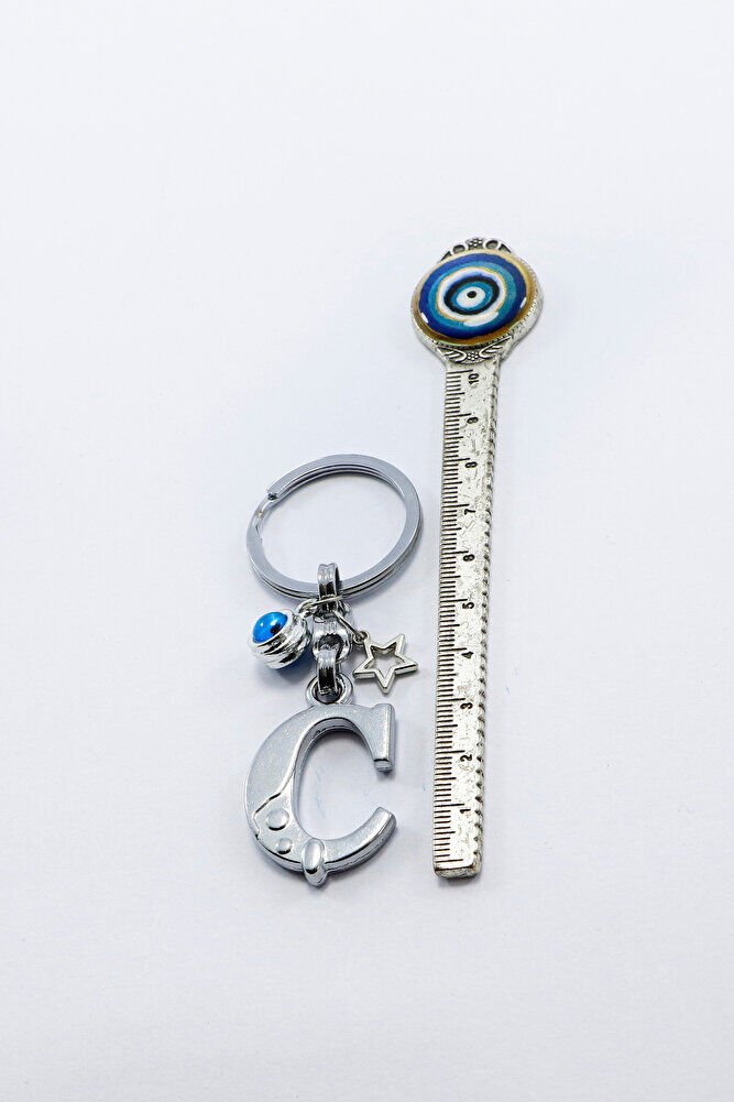 Gümüş Renkli Yıldızlı Nazar Boncuklu Metal Ç Harfi Anahtarlık / Harfli Çanta Süsü