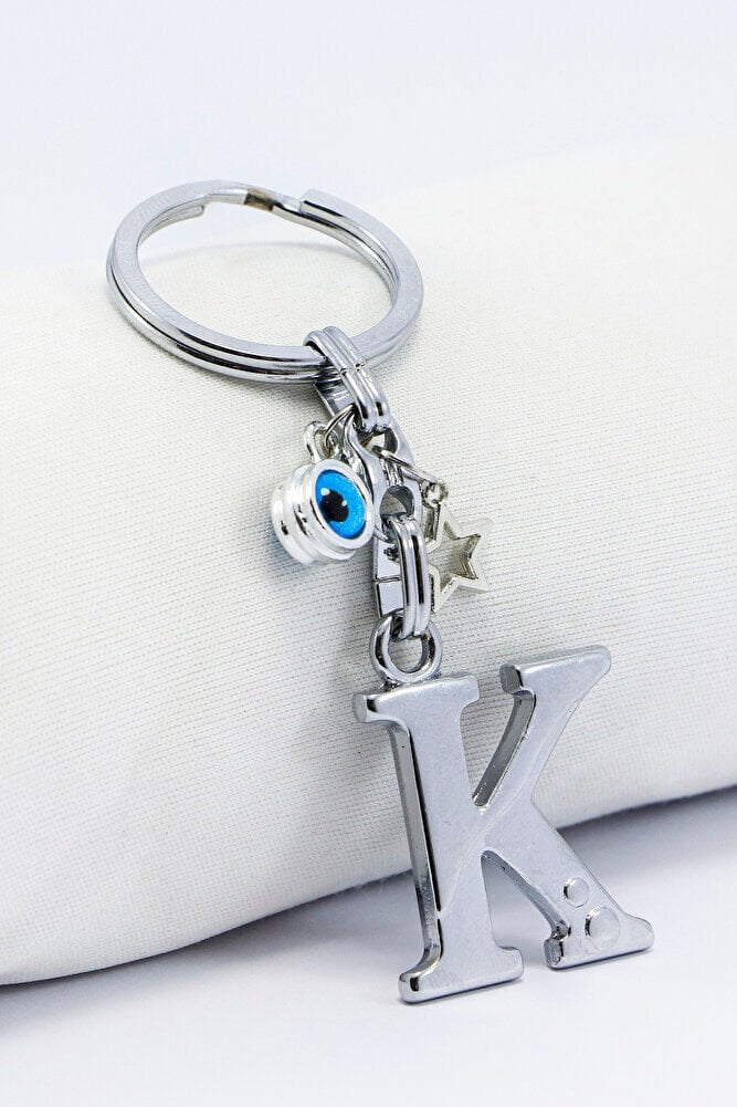 Gümüş Renkli Yıldızlı Nazar Boncuklu Metal K Harfi Anahtarlık / Harfli Çanta Süsü