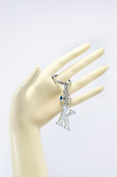 Gümüş Renkli Yıldızlı Nazar Boncuklu Metal K Harfi Anahtarlık / Harfli Çanta Süsü