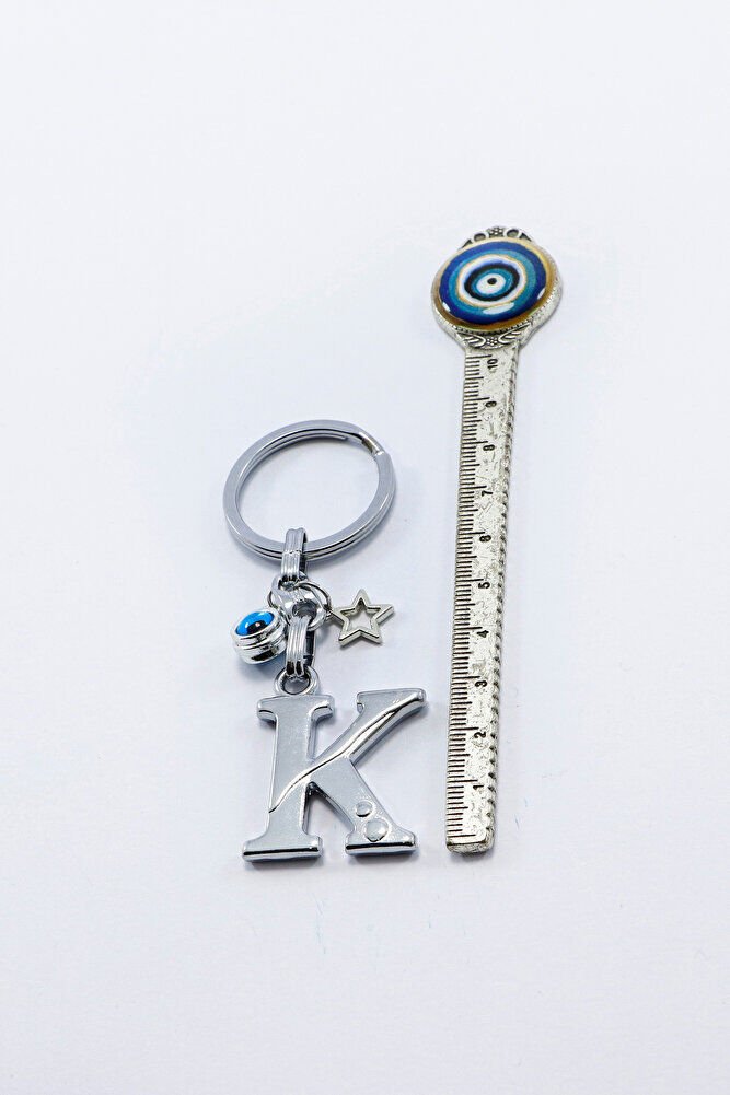 Gümüş Renkli Yıldızlı Nazar Boncuklu Metal K Harfi Anahtarlık / Harfli Çanta Süsü