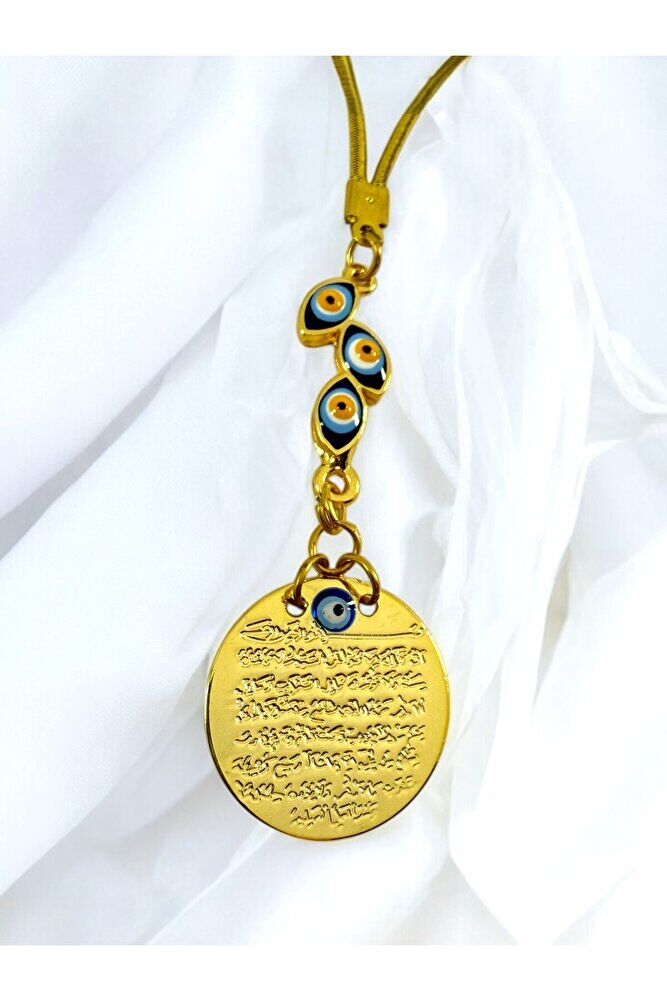 Mineli Nazarlı Salkım Nazar Boncuklu Metal Ayetel Kürsi Altın Renkli Araba Dikiz Ayna Süsü