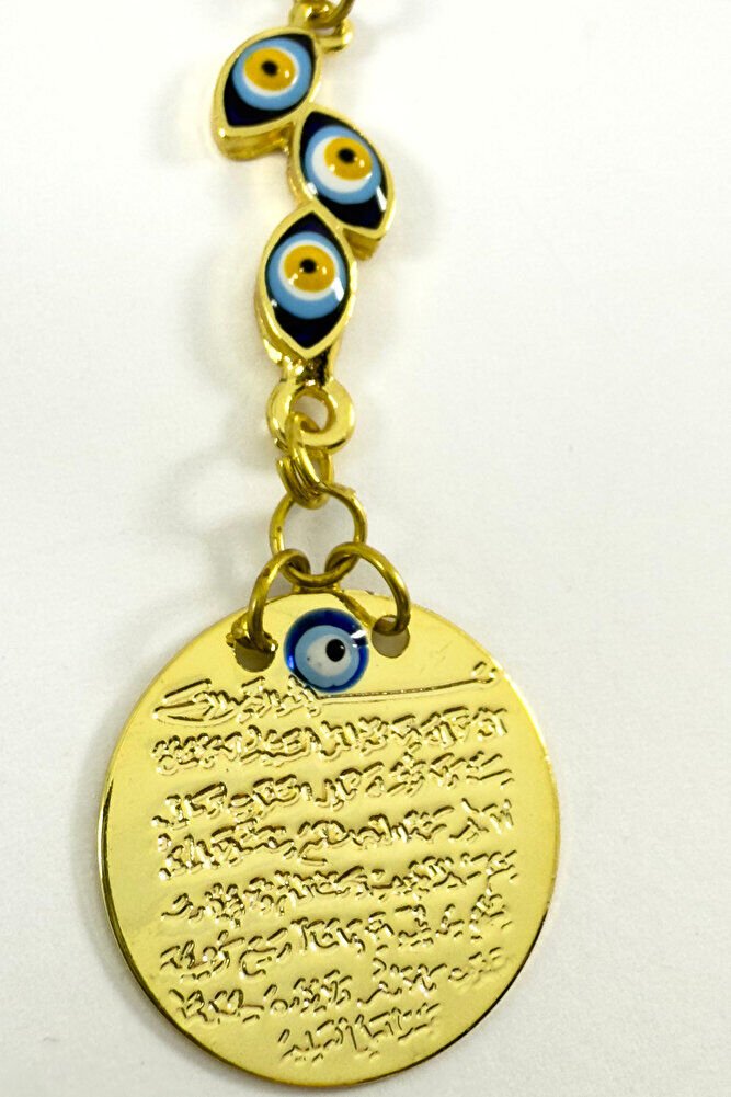 Mineli Nazarlı Salkım Nazar Boncuklu Metal Ayetel Kürsi Altın Renkli Araba Dikiz Ayna Süsü