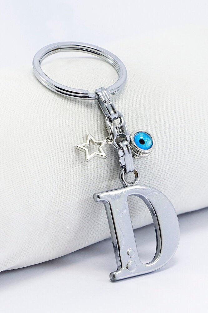 Gümüş Renkli Yıldızlı Nazar Boncuklu Metal D Harfi Anahtarlık / Harfli Çanta Süsü