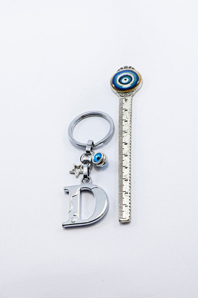 Gümüş Renkli Yıldızlı Nazar Boncuklu Metal D Harfi Anahtarlık / Harfli Çanta Süsü