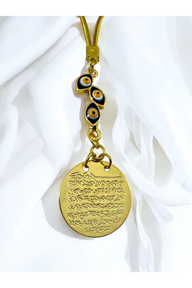 Lacivert Salkım Nazar Boncuklu Metal Ayetel Kürsi Altın Renkli Araba Dikiz Ayna Süsü