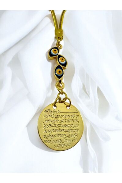 Lacivert Salkım Nazar Boncuklu Metal Ayetel Kürsi Altın Renkli Araba Dikiz Ayna Süsü