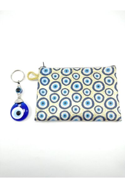 Evil Eye Bead Fabric Wallet Gold Color + Stone Keychain/Rearview Mirror Ornament Handmade Gift Set