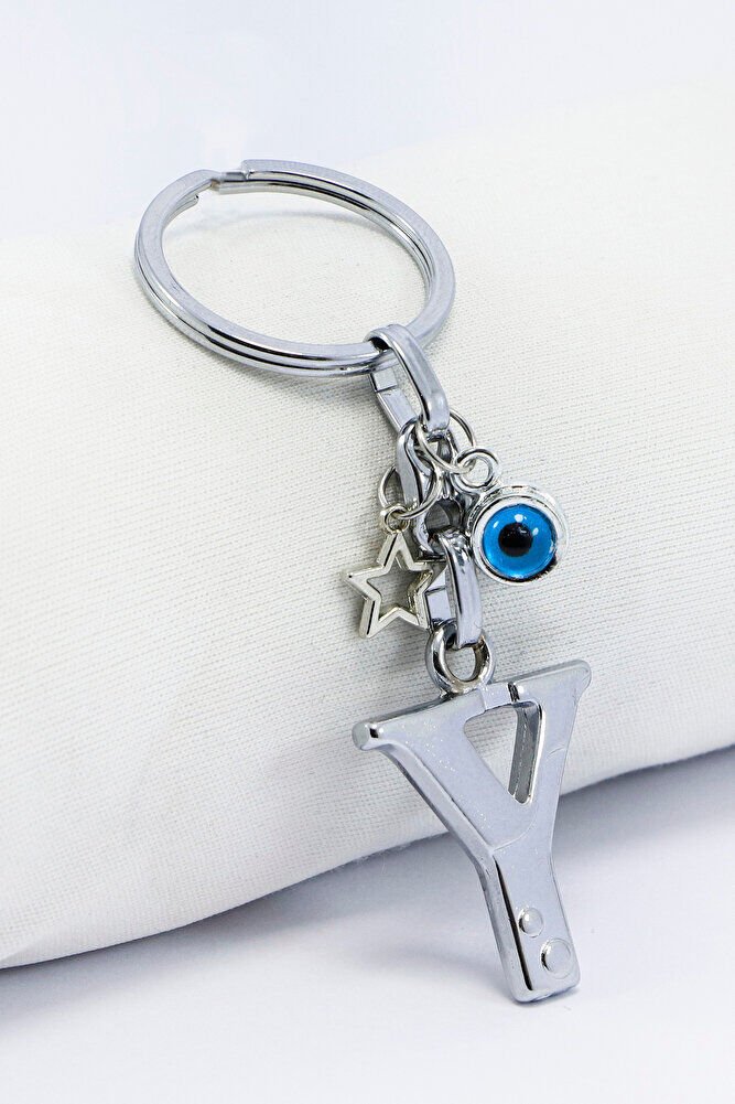 Gümüş Renkli Yıldızlı Nazar Boncuklu Metal Y Harfi Anahtarlık / Harfli Çanta Süsü