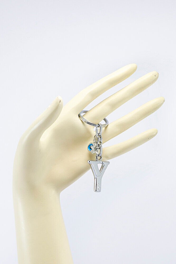 Gümüş Renkli Yıldızlı Nazar Boncuklu Metal Y Harfi Anahtarlık / Harfli Çanta Süsü