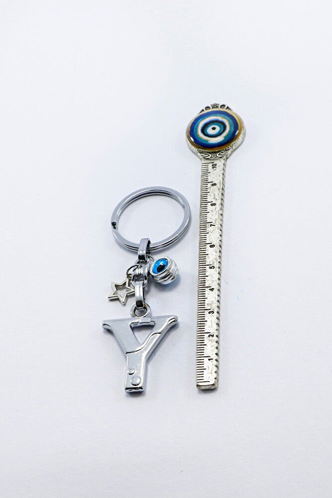 Gümüş Renkli Yıldızlı Nazar Boncuklu Metal Y Harfi Anahtarlık / Harfli Çanta Süsü