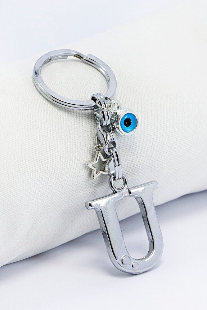 Gümüş Renkli Yıldızlı Nazar Boncuklu Metal U Harfi Anahtarlık / Harfli Çanta Süsü