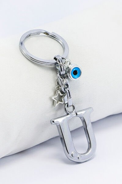 Gümüş Renkli Yıldızlı Nazar Boncuklu Metal U Harfi Anahtarlık / Harfli Çanta Süsü