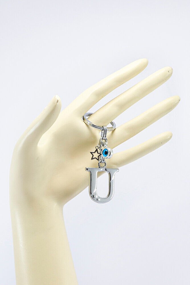 Gümüş Renkli Yıldızlı Nazar Boncuklu Metal U Harfi Anahtarlık / Harfli Çanta Süsü