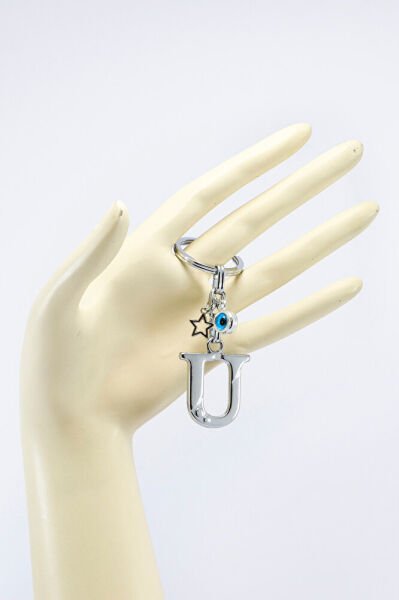 Gümüş Renkli Yıldızlı Nazar Boncuklu Metal U Harfi Anahtarlık / Harfli Çanta Süsü