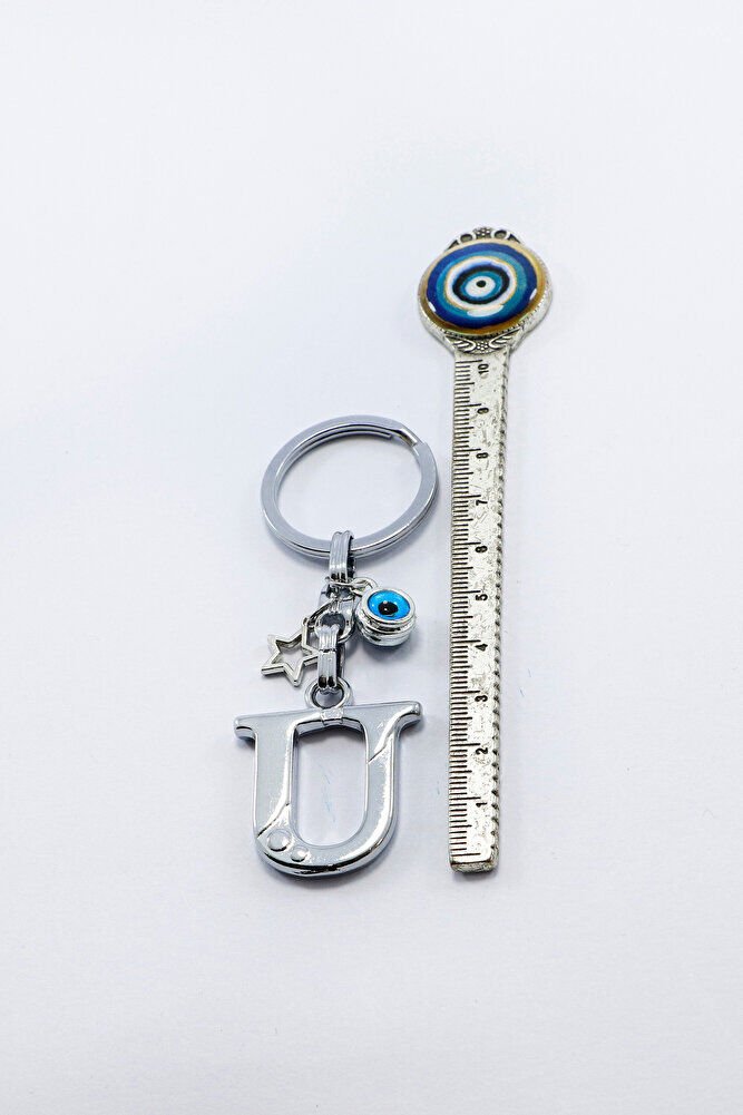 Gümüş Renkli Yıldızlı Nazar Boncuklu Metal U Harfi Anahtarlık / Harfli Çanta Süsü