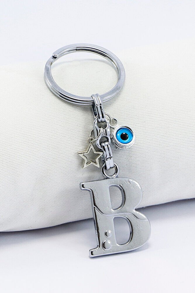 Gümüş Renkli Yıldızlı Nazar Boncuklu Metal B Harfi Anahtarlık / Harfli Çanta Süsü