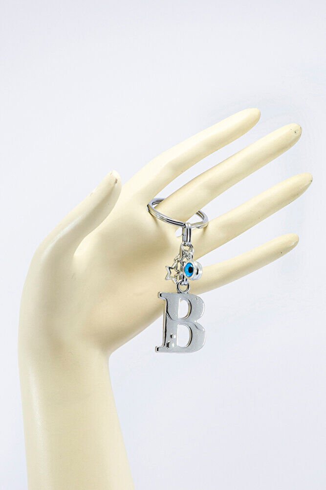 Gümüş Renkli Yıldızlı Nazar Boncuklu Metal B Harfi Anahtarlık / Harfli Çanta Süsü