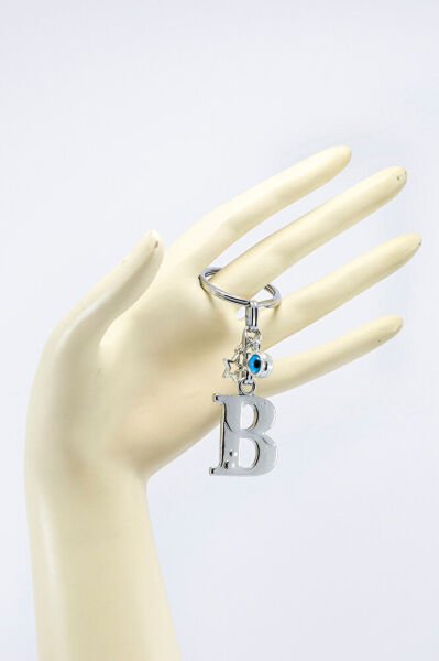 Gümüş Renkli Yıldızlı Nazar Boncuklu Metal B Harfi Anahtarlık / Harfli Çanta Süsü