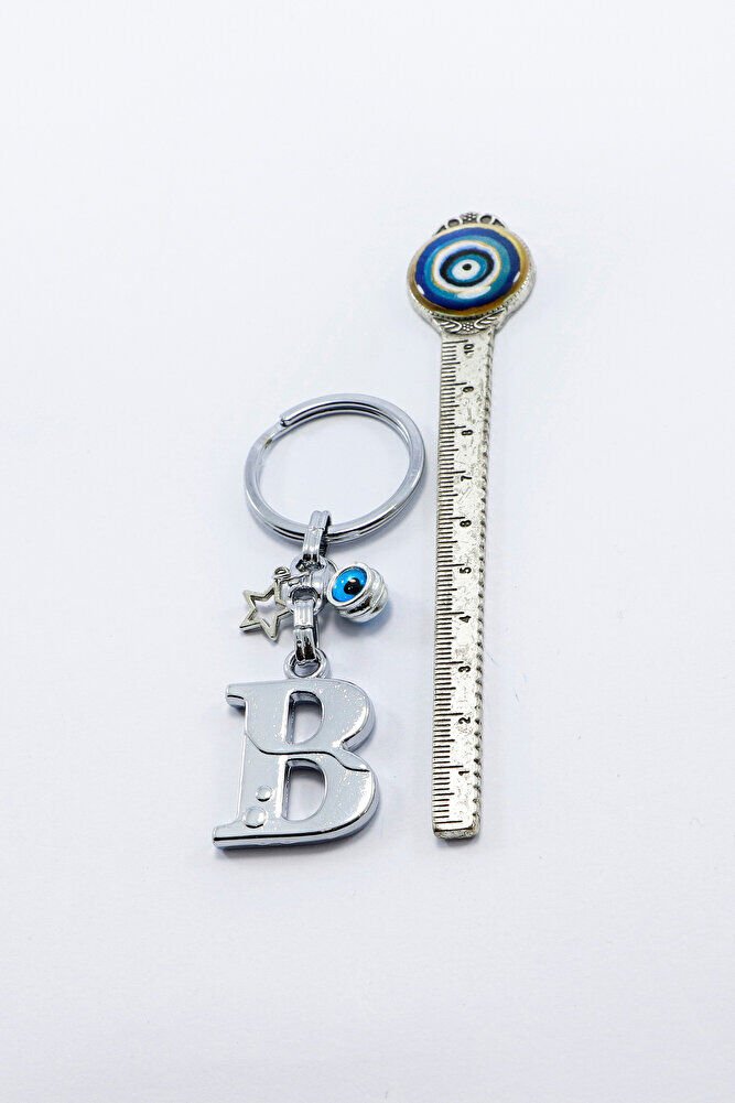 Gümüş Renkli Yıldızlı Nazar Boncuklu Metal B Harfi Anahtarlık / Harfli Çanta Süsü