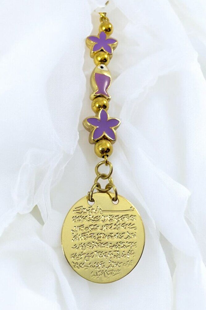 Lila Çiçek Balıklı Metal Ayetel Kürsi Altın Renkli Araba Dikiz Ayna Süsü