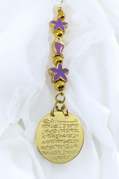 Lila Çiçek Balıklı Metal Ayetel Kürsi Altın Renkli Araba Dikiz Ayna Süsü