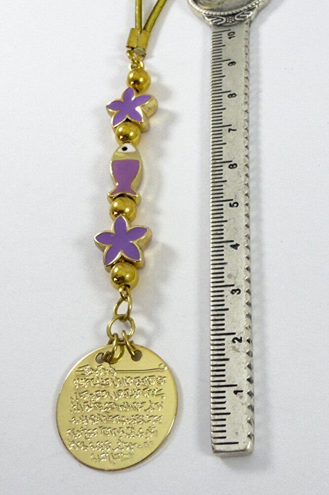 Lila Çiçek Balıklı Metal Ayetel Kürsi Altın Renkli Araba Dikiz Ayna Süsü