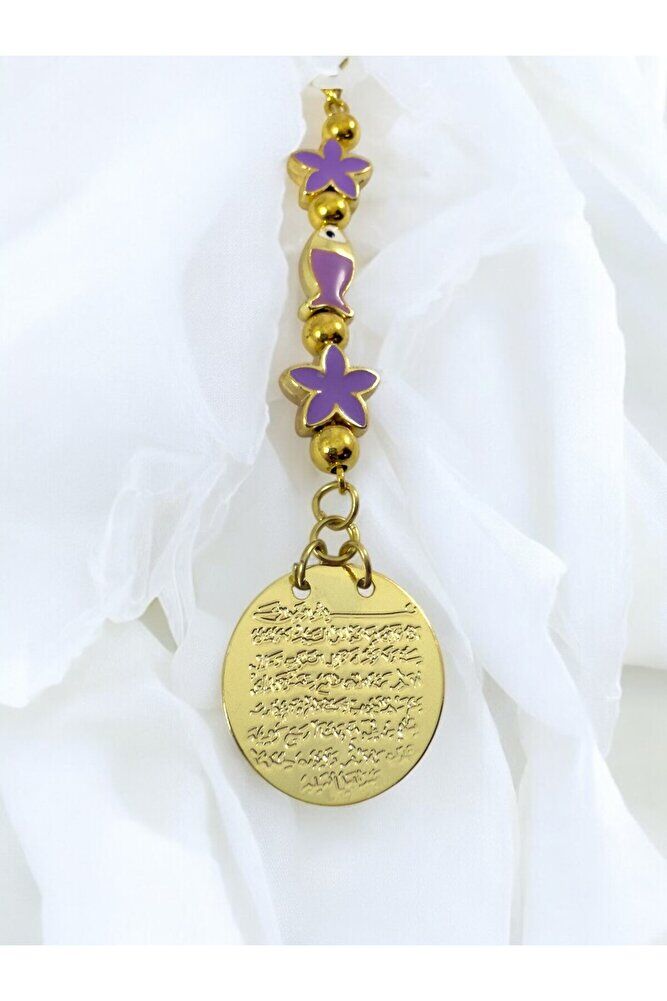 Lila Çiçek Balıklı Metal Ayetel Kürsi Altın Renkli Araba Dikiz Ayna Süsü