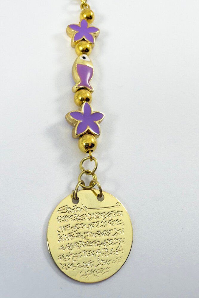 Lila Çiçek Balıklı Metal Ayetel Kürsi Altın Renkli Araba Dikiz Ayna Süsü