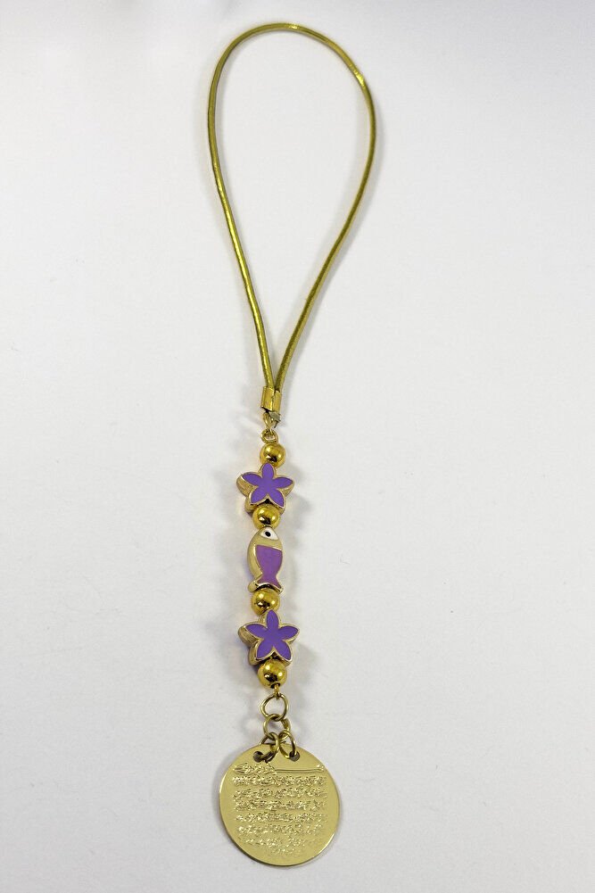 Lila Çiçek Balıklı Metal Ayetel Kürsi Altın Renkli Araba Dikiz Ayna Süsü