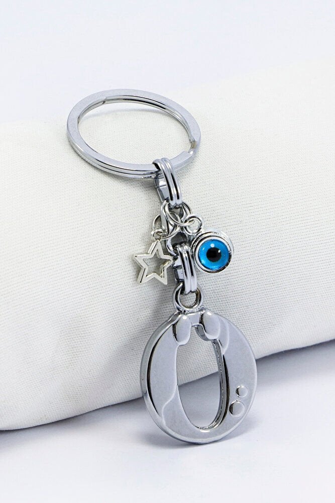 Gümüş Renkli Yıldızlı Nazar Boncuklu Metal Ö Harfi Anahtarlık / Harfli Çanta Süsü