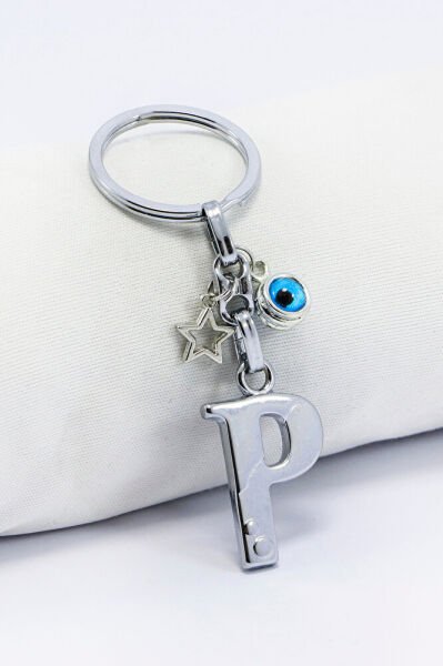 Gümüş Renkli Yıldızlı Nazar Boncuklu Metal P Harfi Anahtarlık / Harfli Çanta Süsü