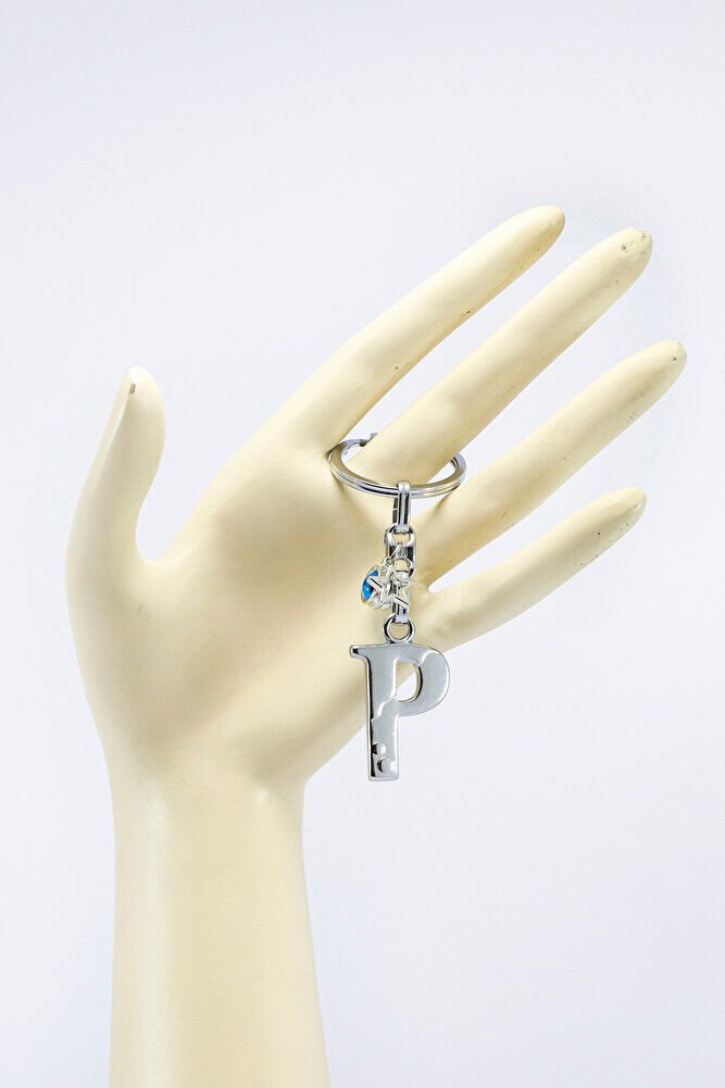 Gümüş Renkli Yıldızlı Nazar Boncuklu Metal P Harfi Anahtarlık / Harfli Çanta Süsü