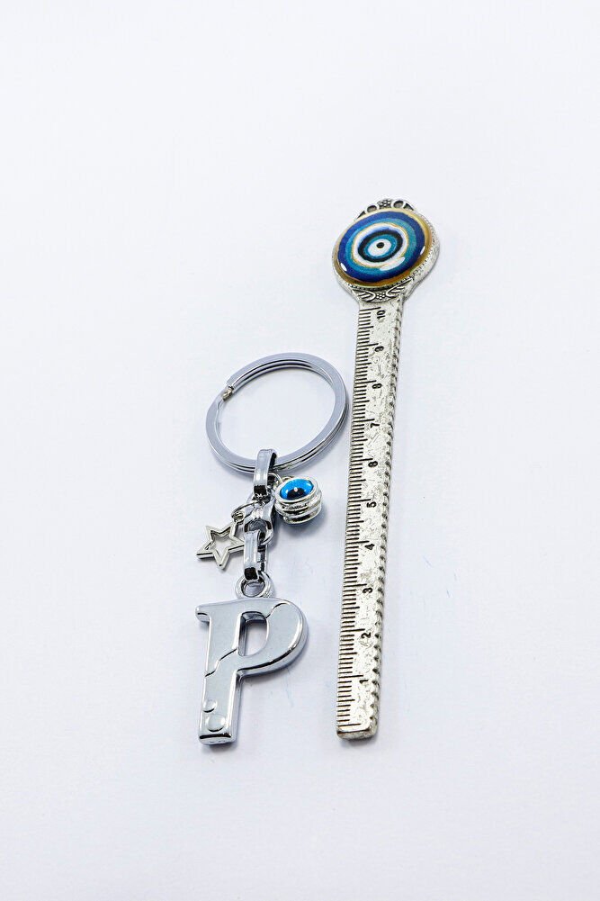 Gümüş Renkli Yıldızlı Nazar Boncuklu Metal P Harfi Anahtarlık / Harfli Çanta Süsü