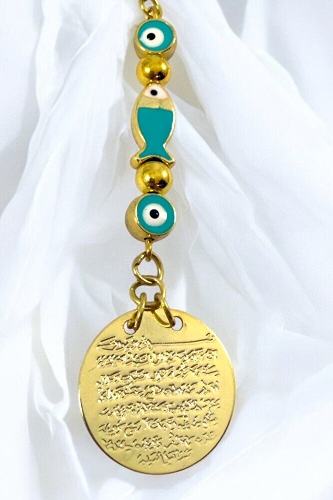 Turquoise Evil Eye Beaded Fish Metal Ayetel Kursi Gold Color Car Rearview Mirror Ornament