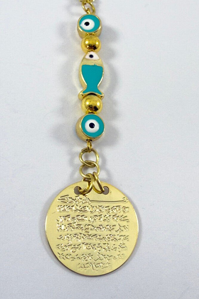 Turquoise Evil Eye Beaded Fish Metal Ayetel Kursi Gold Color Car Rearview Mirror Ornament